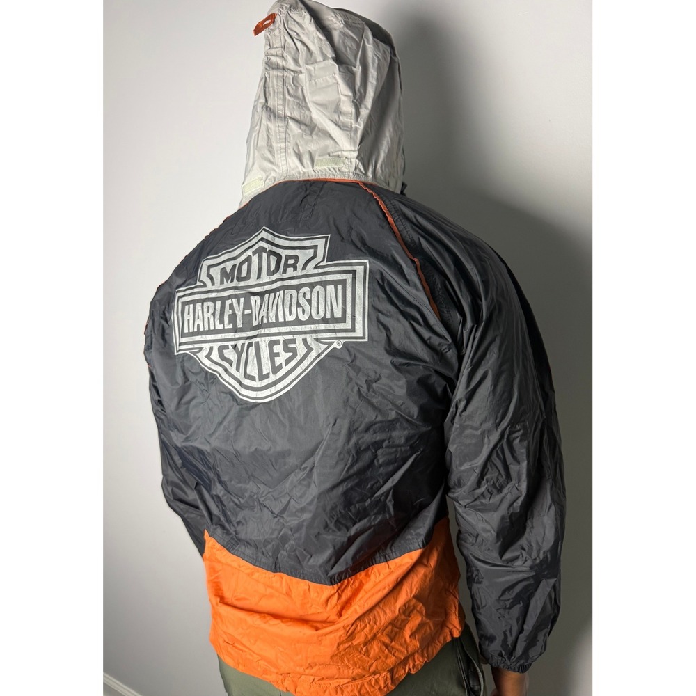 Harley-Davidson Mens Windbreaker Jacket Black Orange Grey Hooded Logo XL